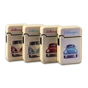 Feuerzeuge VW-Motiven Käfer und Bully, Jet-Flamme, nachfüllbar, 4 Stück sortiert