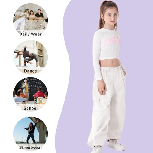 Image of Rolanko Girls Cargo Pants Wide Leg Streetwear Kids Pants with Pockets Trendy Jogger Trousers 4-14 Years