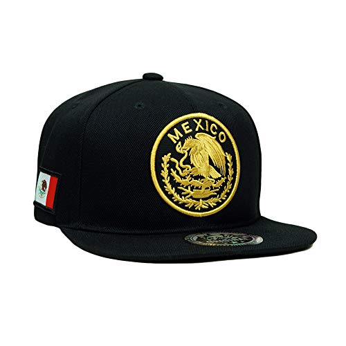 Mexico Eagle Embroidery Snapback Hat Adjustable Mexico Flag Baseball Cap (Black/Gold)