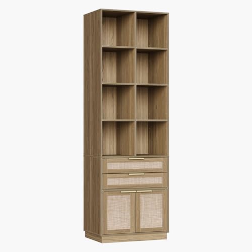 Perledesign Bookshelf with 2 Drawers and Doors, 73 Inch Rattan Tall Bookcase with 4-Tier Storage Shelves, Wooden Book Shelf for Home Office, Light Oak