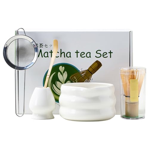 Set of 5 Matcha Tea Set with Whisk and Bowl, Matcha Kit for Ceremony Ceramic Matcha Bowl Gift for Tea Lovers(White)