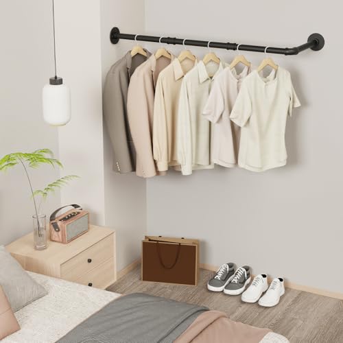 YheenLf Kleiderstangen L form, Industrial Kleiderstange Wandmontage, Kleiderständer Kleiderschrank, Garderobenstange Wand für Bad Flur Küche, 90x30cm, Schwarz