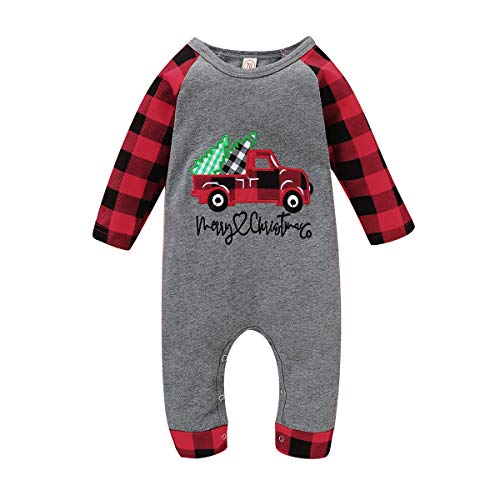 Christmas Newborn Baby Boy Girl Clothes Romper Merry Christmas Plaid Long Sleeve Jumpsuit Pajamas One-Piece Outfit (Gey & Red Plaid, 12-18Months)