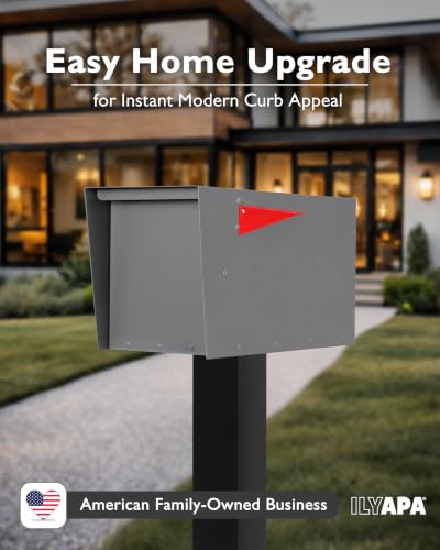 Image of Ilyapa Modern Mailbox for Post Mount - Gray with Gray Door Powder Coated Steel, Waterproof Letter Box for Parcels, with Recessed Magnetic Close Door