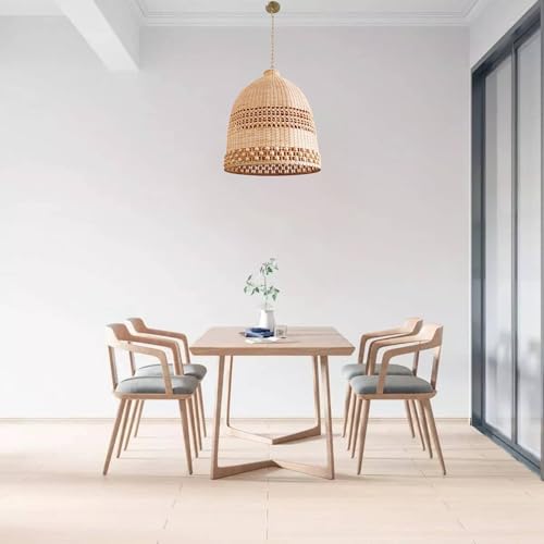 Image of 24 inch Handwoven Rattan Pendant Light - Modern Bohemian Style with Wooden Bead Accents, Perfect for Living Room, Dining Room, Bedroom, and Home Decor (3-Light)