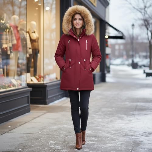 MODFUL Damen Fleece Daunenjacke Abnehmbare Kapuze Verdicken Sherpa Wintermantel Coat (Rot, L)