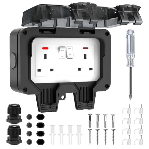 Image of Outdoor Socket Waterproof IP66 Outside Double Plug Socket Weatherproof | Wall Electrical Outlet 13Amp 2 Gang Storm Switched Power Box External Plug Extension with Lockable Cover