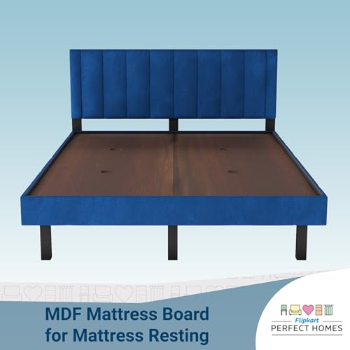 Image of Wooden Modern Upholstered King Size Bed for Bedroom | Wooden Double Bed Without Storage | Platform Cot Upholstered Bed with Upholstery Fabric | Engineered Wood | 6.5 x 6 Ft | Blue-A