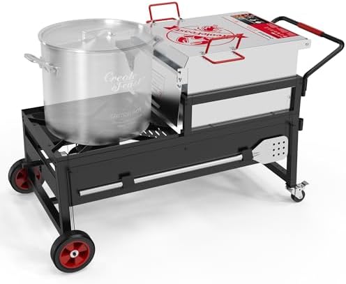 Creole Feast CFT2018-N1 90 Qt Crawfish Boiler and Cooker Combo, 2-Burner Single Sack Propane Gas Seafood Cooker with Stainless Steel Stirring Paddle for Outdoor Backyard Boiling, Silver & Black