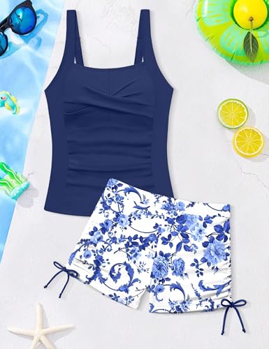 Image of Girls Tankini Swimsuit 2 Piece Bathing Suit Twist Cross Back Cutout Swim Tank Top Floral Print Swimwear for 7-18Y