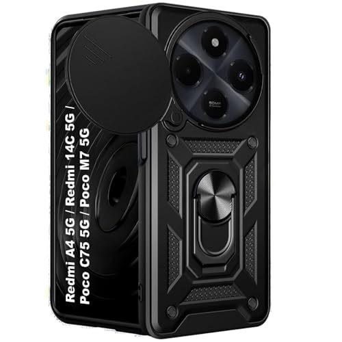 Image of Luxe Back Cover for Poco M7 5G / Redmi 14C 5G / Redmi A4 5G / Poco C75 5G | D10 Tough Armor Case | Sliding Camera Shield | 360 Protection | Kickstand Ring Holder | Military-Grade Shockproof