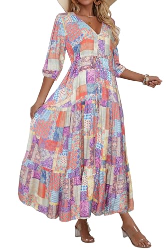 Image of Women Short Sleeve V Neck Floral Print Casual Bohemian Maxi Dresses
