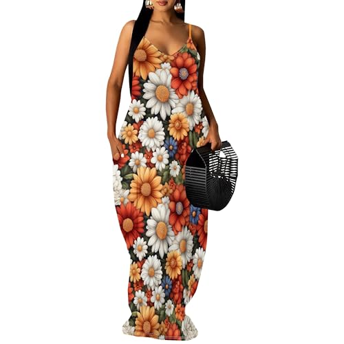 Image of SUZONANA Women's Plus Size Summer Dresses Spaghetti Print Midi Dresses Long Loose Sundresses