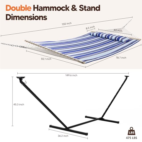 Image of SUNCREAT Double Backyard Hammock with Solar Powered Lights for Outside, 475 lbs Capacity, Heavy Duty Self Standing Hammock with 12 ft Stand, Blue