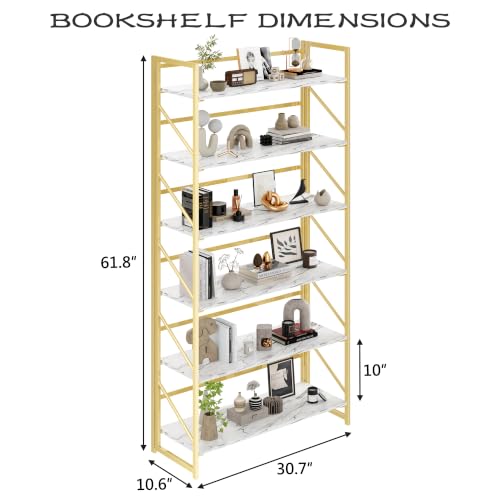 Image of JSB 6 Tier No Assembly Folding Bookshelf, 30.7 inch Wide Foldable Storage Bookcase for Home Office, Space-Saving Storage Shelf for Living Room (White&Gold)