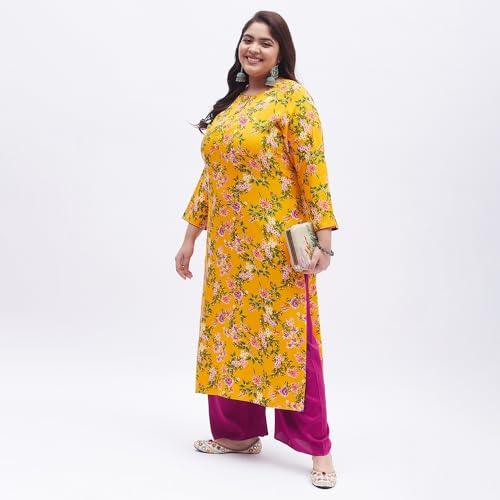 Image of Tissu Women's Plus Size Yellow & Pink Printed Kurta with Palazzo