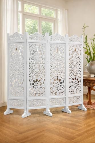 Image of Wooden Room Divider 4 Panel Foldable Privacy Screen Hand Carved Partition for Living Room Bedroom Office Decor (6 Feet 4 Panel White with Stand Each Panel Size 72X20 Inch)
