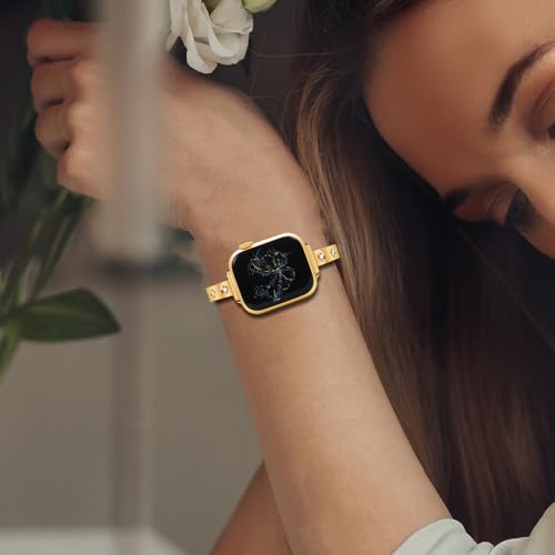 Stainless Steel Band Compatible with Apple Watch 38mm 40mm 41mm 42mm 44mm 45mm 46mm 49mm Pretty Luxury Strap with Sparkle Diamond, Dressy iWatch Bracelet, Bling Thin Band for Women