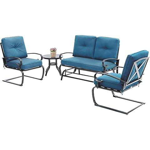 Incbruce Patio Conversation Sets - Outdoor Metal Furniture Set (Peacock Blue, Wrought Iron, 4Pcs Including Glider, Bistro Table, 2 Spring Lounge Chairs) Cover