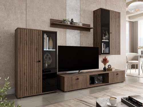 Mirjan24 Wohnwand Salsa II, Anbauwand, Design Mediawand, Wohnzimmer Set, Wohnzimmerschrank, Schrankwand, Hängeschrank, Vitrine, TV Lowboard (Nuss Okapi, mit Blauer LED Beleuchtung) – Bild 3