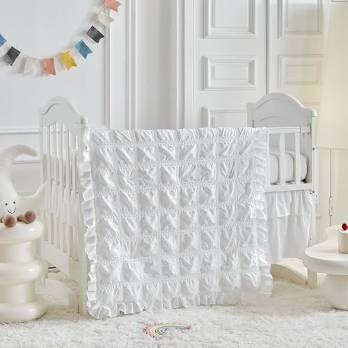 Image of Ruffled Mini Crib Bedding Set Baby Boho Quilted Comforter with Fitted Sheet and Bed Skirt - Cute Soft Breathable Seersucker Shabby Bedding Soft Blanket Only for Mini Crib White