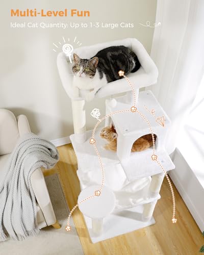 Image of MUTTROS Cat Tree for Large Cats with Metal Plush Big Hammock, 56.3 inch Cat Tower for Indoor Cats with 2 Door Condo House, 6-Tier Cat Shelves with Scratching Posts and Large Top Perch, Cream White