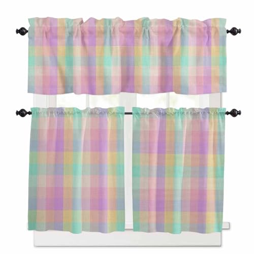 Pink Blue Plaid Kitchen Curtains 36 Inch Length,3 Piece Rod Pocket Small Half Tiers and Valance Set,Buffalo Checkered Modern Gingham Lattice Small Large Window Treatment Decor for Bedroom/Bathroom