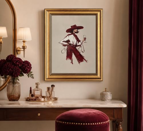 Image of Gold Framed 3D Textured Wall Art, Red Wine Cowgirl Canvas Prints, Modern Western Burgundy Fashion Pictures Decor, Vintage Editorial Cowgirl Artwork for Living Room Bedroom Entryway 16x24inch
