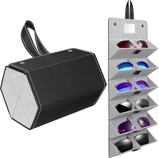 Cheet enterprise 6 Slot Sunglasses Organizer Travel Case – Foldable PU Leather Eyeglasses Storage Box with Hanging Strap & Button Closure | Portable Glasses Holder Display Case for Men & Women