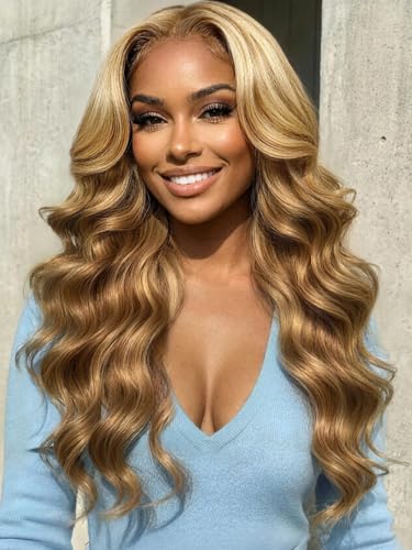 Image of KLAIYI Wear And Go Glueless Wig Bye Bye Knots 13x4 Precut Lace Front Wigs Human Hair Ombre Highlight Blonde Body Wave Wig Pre Bleached Pre Everything Pre Plucked with Baby Hair 3S Ready to Wear 18Inch