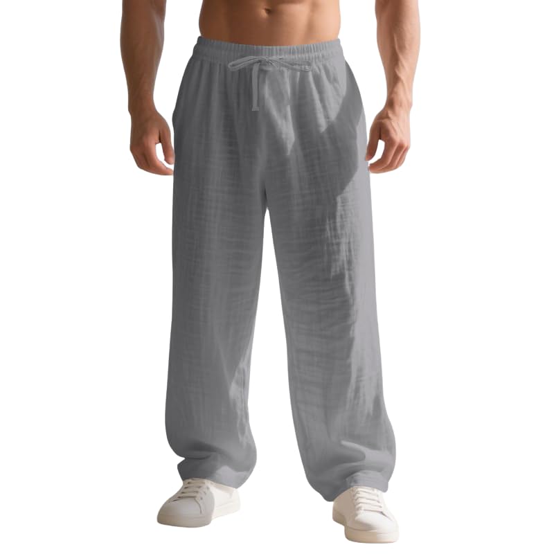 Drawstring Pants for Men Linen Elastic Waist Running Athletic Straight Leg Pants with Pockets
