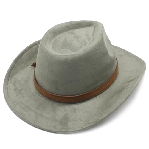 Image of Unisex Western Suede Cowboy Cowgirl Hat Classic Wide Brim Fedora Hat for Men &Women