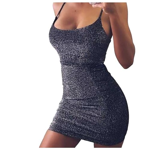 Duohropke Pailettenkleider Für Damen Ärmellos Trägerkleid Partykleid Slim-Fit Figurbetontes Kleid Elegant Rückenfreies Bodycon Ruched Kleid Sexy...