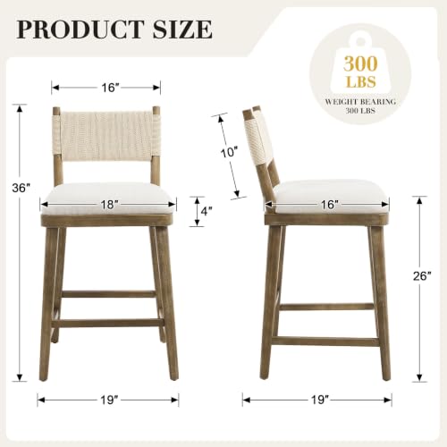 Butacos de barra para isla de cocina, set de 2 unidades, respaldo tejido y asiento tapizado en lino beige, estructura de madera natural cepillada, altura de asiento 26 pulgadas miniatura 2