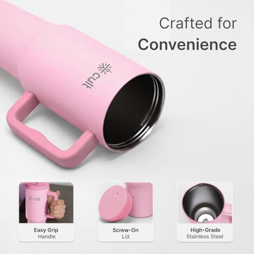 Image of CULT 1200ml Stainless Steel Insulated Tumbler with Handle, Straw & Cleaner Double Wall Vacuum Bottle for Hot & Cold Drinks Leakproof Travel Mug Reusable for Gym, Office & Travel Pink