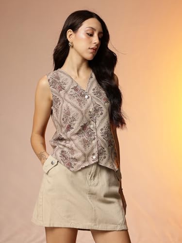Image of Amazon Brand - INKAST Women Floral Printed Button Down V-Neck Tunic Top|Sleeveless|Ethnic Crop Top