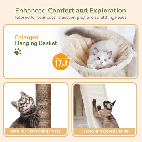 Image of Globlazer Heavy Duty Cat Tree for Indoor Cats Large Adult, F52B, Beige | 3 Condos, Extra-Large Baseboard, Removable Top Perch, 4 Sisal Posts & Board, Hanging Basket, Anti-Topple Strap, Easy Setup