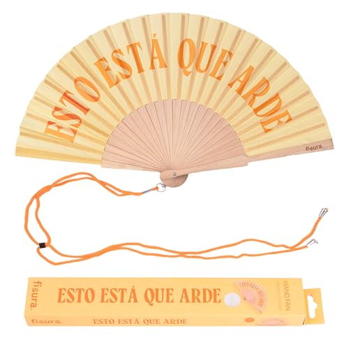 Fisura – Abanico original con mensaje “p*tos sofocos”. Abanico de madera moderno y gracioso. Abanico rosa y rojo. Abanico con cuelga abanico. 42,5 x 23 cm. (Arde, amarillo)