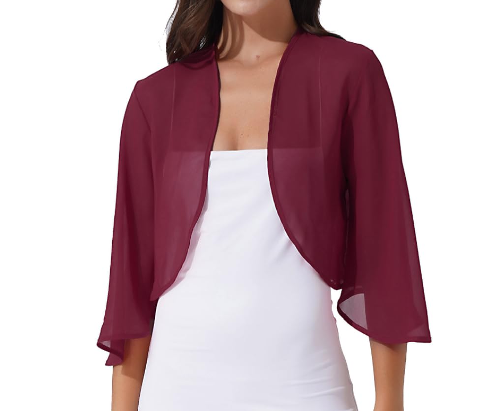FWSHANGMAO Ladiery Shrug,Women's 3/4 Sleeve Dress Shawl Shrug Summer Chiffon Bolero Cardigan Embroidery Jacket Short Open Front Elegant Jacket See Through Cover-Up for Dresses,Burgundy,M