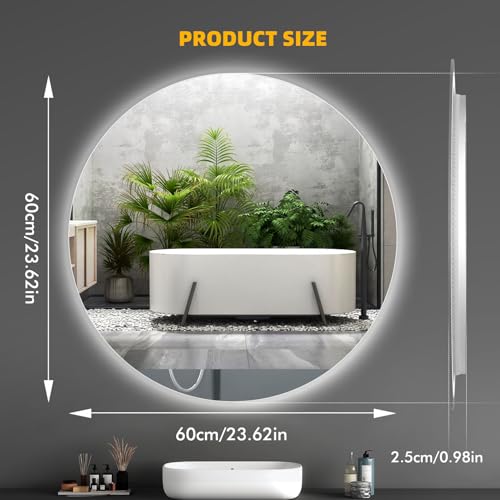 Sararoom Espejo Baño con Luz 60cm, Luces de Baño Espejos de Pared con Reloj, Función Antivaho, 3000K/4000K/6500K, Regulable, Memoria, Cristal Templado HD, IP44 Espejos de Tocador LED Retroiluminado - imagen 2