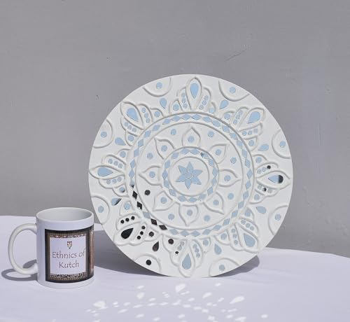Image of Ethnics of Kutch Traditional Kutch Handicraft Mud-Mirrorwork Lippan Kam Wall Art (Water and Break Resistant) - Round (12 Inch Diameter) - (White LKT-0280)
