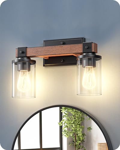 Image of EDISHINE 2-Light Painted Wood Wall Sconces, Farmhouse Vanity Light Fixture | Clear Glass Shade, Up & Down Mounting Optional, E26 Base, Rustic Charm, Waterproof for Bedroom, Powder Room
