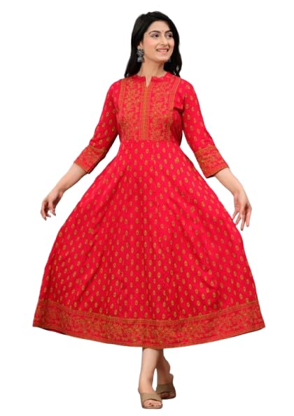 Women's Anarkali Kurti, Floral Print, 3/4 Sleeves, Ethnic, Red and Orange-picture-34