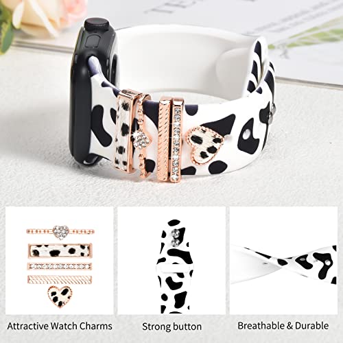 Shesyuki Printed Watch Band with Charms (Band Included) Compatible with Apple Watch 38mm 40mm 41mm 42mm 44mm 45mm 49mm,Cow Soft Silicone Band & Decorative Ring Loops for iWatch Series 7 6 5 4 3 2 1