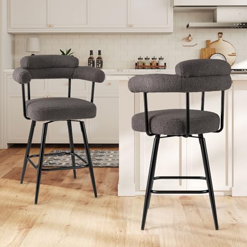 Juego de 2 butacos modernos para barra alta COSTWAY, con giro de 360°, tapizado en tela bouclé y respaldo curvo, patas metálicas, para isla de cocina o hogar (Gris + Negro) miniatura 4