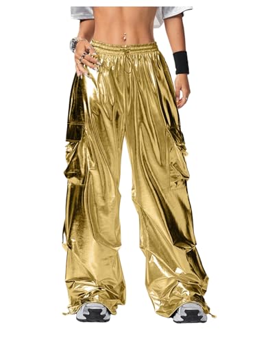 OYOANGLE Women's Metallic Drawstring High Waisted Y2K Cargo Pants