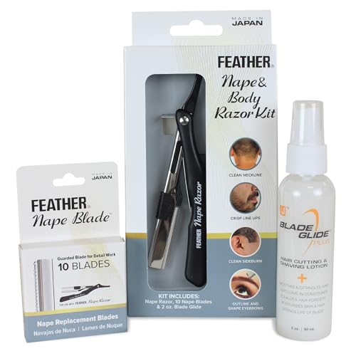 Feather - Nape and Body Razor Kit Professional Use Hair Cutting Tool - Includes Nape Razor 10 Nape Blades & 2 oz Blade Glide Ideal for Nape Sideburns Eyebrows and Bikini Line Made in Japan