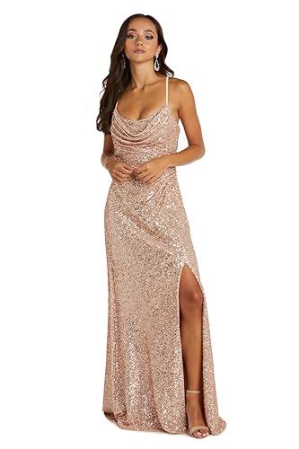 Image of Nightway Juniors' Long Sequin Cowl Neck Gown W /Cross-Back Spaghetti Straps & Side Slit - Prom Cocktail Party
