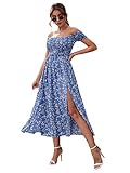 Floerns Women's Boho Floral Print Off Shoulder Split Long A Line Dress Light Blue L