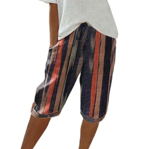 GOFULY Cotton Linen Bermuda Shorts for Women Knee Length Summer Elastic Waist Drawstring Shorts Pockets Solid Capris Pants